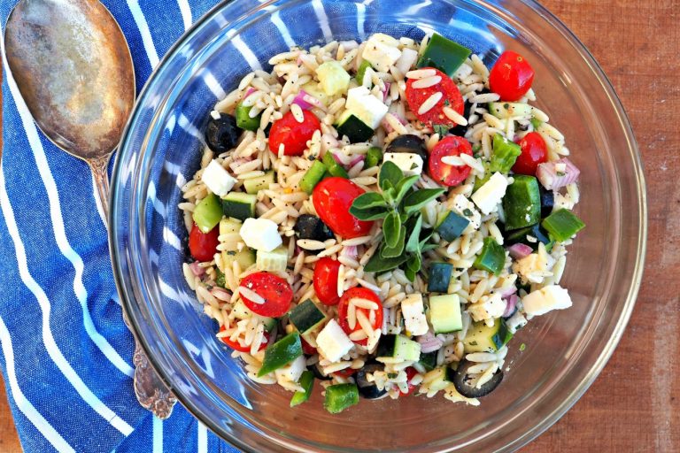 Orzo salad, orzo salad ideas, healthy orzo salad recipes, mediterranean style pasta salads, pasta salads, pasta salad recipes, bbq side dish ideas, cookout side dish recipes,