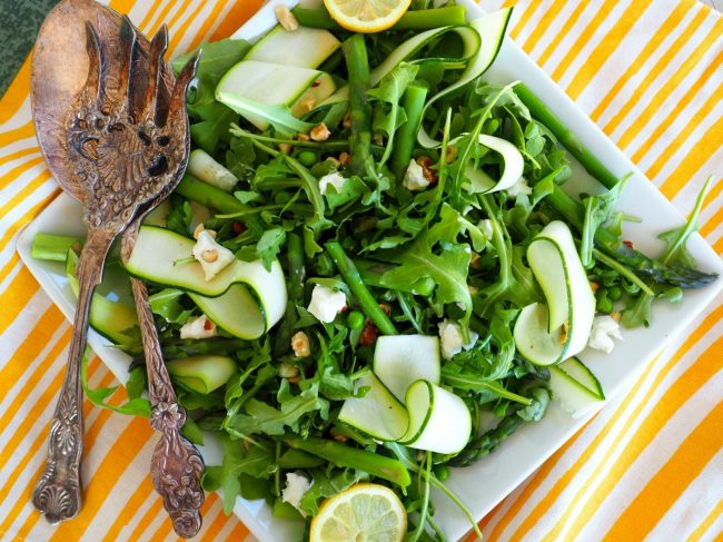 arugula salad, arugula side salad, easy arugula salad, healthy arugula salad, impressive arugula salad, arugula and pea salad, asparagus and pea salad, zucchini salad, salad with raw zucchini, zucchini ribbons recipes,