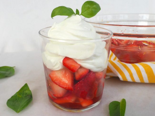 homemade whipped cream, how to make homemade whipped cream, basil infused whipped cream, basil whipped cream, macerated strawberries, dessert recipes for summer, summer dessert ideas