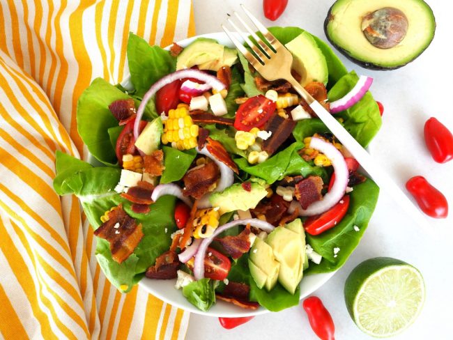 BLT, BLT salad, salad with corn, salad with bacon, salad with avocado, summer salad, hearty salad, easy salad,
