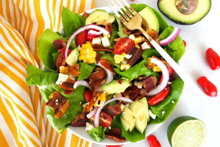 BLT, BLT salad, salad with corn, salad with bacon, salad with avocado, summer salad, hearty salad, easy salad,