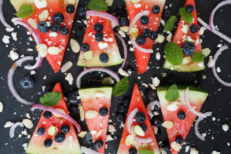 watermelon feta salad, salad with watermelon feta, watermelon feta blueberry salad, easy side dish, summer side dish, summer dish dish for BBQ, easy side dish, watermelon recipe, blueberry recipes,