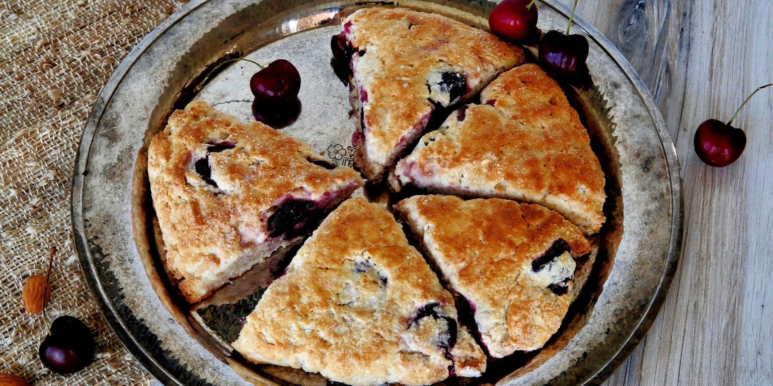 cherry scones, how to make cherry scones, fresh cherry recipes, cherry breakfast recipes, breakfast recipes with cherries, breakfast recipes, easy breakfast recipes, summer breakfast recipes, summer baking recipes, breakfast baking, scones recipes, how to make scones, almond scones, scone recipes with almond