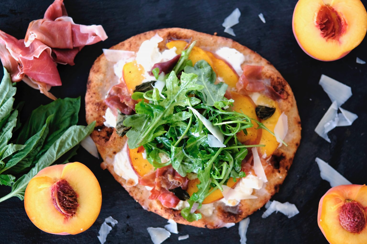 Peach and Prosciutto Pizza naan pizza, naan pizza recipes, easy naan pizzas, homemade pizza recipes, easy pizza recipes, quick pizza recipes with premade crust, pizza recipes with premade crust, peach recipes, savory peach recipes,