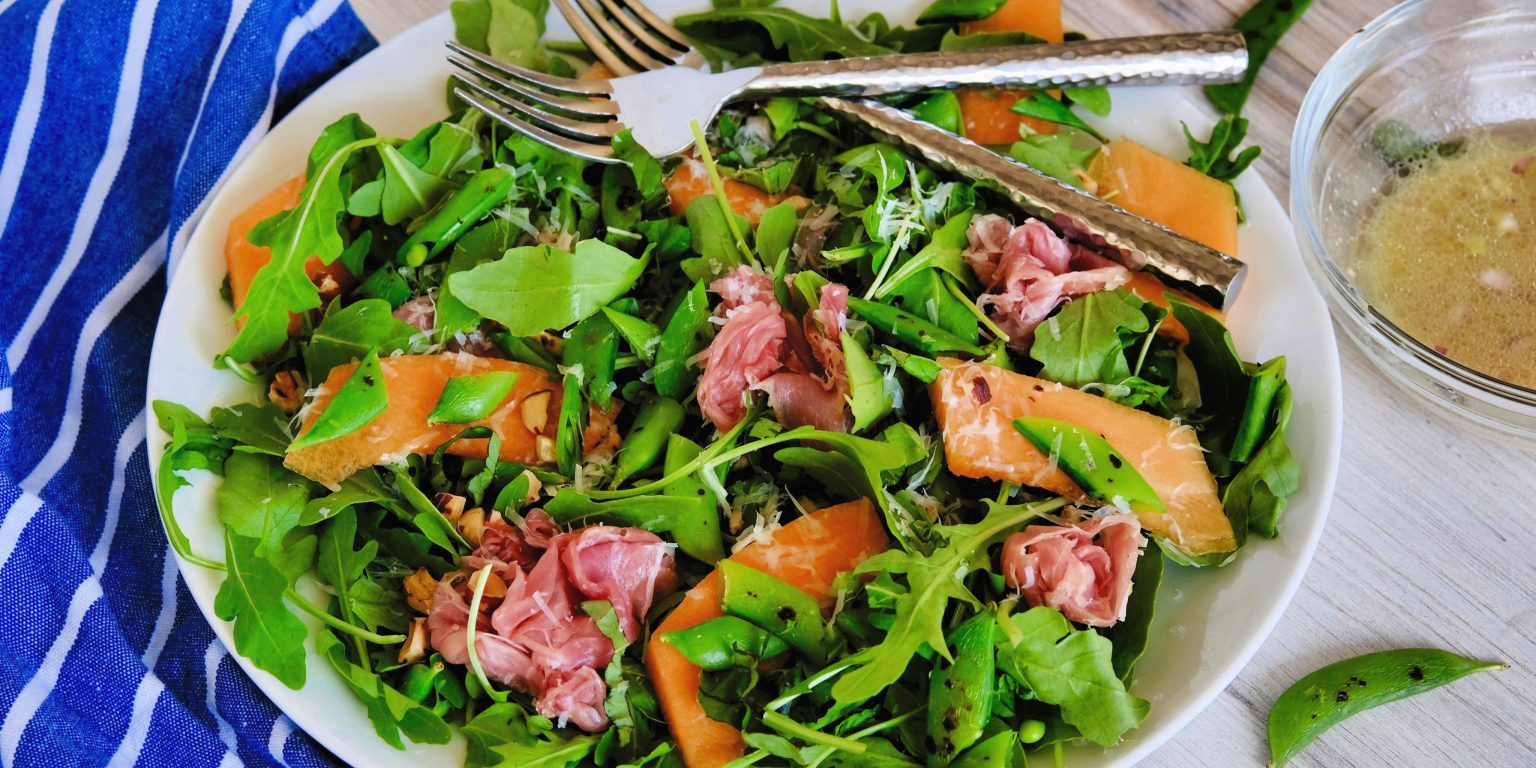 Melon and prosciutto Salad salad recipes, easy salad recipe, melon and prosciutto salad recipe, quick salad recipe, easy salad recipes, salad recipes with prosciutto, salad recipes with melon, salad recipe with hazelnut, lemon shallot vinaigrette, sugar snap pea recipe, recipes using sugar snap peas, sugar snaps recipe