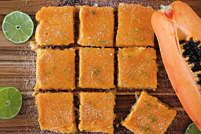 papaya recipe, papaya dessert recipe, easy papaya recipes, papaya dessert ideas, gluten free desserts, gluten free dessert recipe, gluten free baking, lime bars, coconut macaroon crust, tropical fruit bars, tropical dessert recipe, easy tropical dessert,