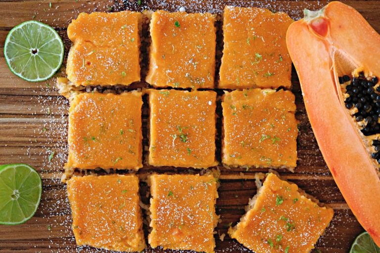 papaya recipe, papaya dessert recipe, easy papaya recipes, papaya dessert ideas, gluten free desserts, gluten free dessert recipe, gluten free baking, lime bars, coconut macaroon crust, tropical fruit bars, tropical dessert recipe, easy tropical dessert,
