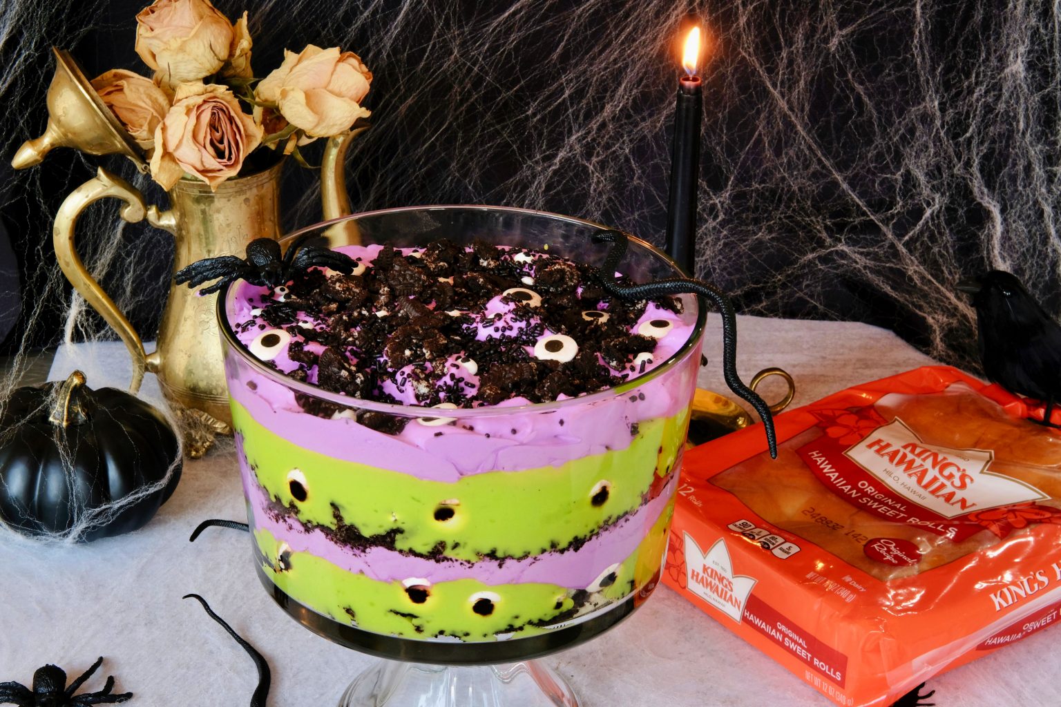 Monster Mash Trifle halloween desserts, spooky halloween desserts, halloween trifle, halloween trifle idea, spooky desserts for halloween, themed desserts for halloween, dessert recipe using kings Hawaiian rolls, kings Hawaiian rolls, kings Hawaiian rolls for dessert, easy dessert recipes for halloween, creepy desserts for halloween, creepy dessert ideas for halloween, halloween creepy desserts, kings Hawaiian roll dessert ideas
