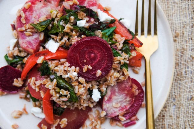 Roasted Beet & Farro Salad roasted beet salad, how to roast beets, easy roast beet recipe, farro, farro salad recipe, how to cook farro, farro recipes, salad recipes, healthy salad recipes, hearty salad recipes, beet greens recipes
