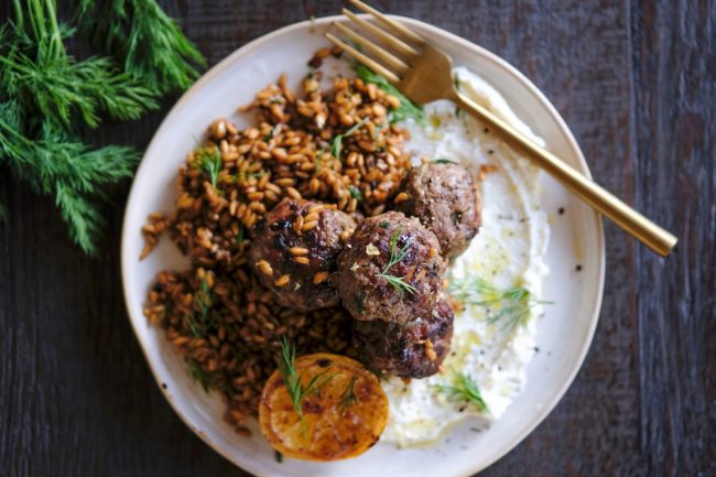 Lamb Meatballs recipe, easy lamb meatballs, one pot dinner recipe, one pan dinner recipe, easy dinner recipe, easter dinner recipe, easy easter dinner recipe, quick easter dinner recipe, whipped feta, farro, how to cook farro, farro recipe, farro risotto