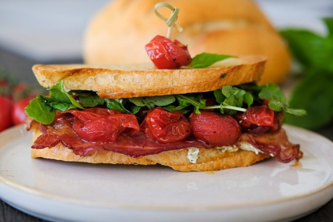 blt, how to make a blt, easy blt recipe, sandwich recipes, lunch sandwich recipe, sandwich recipe with bacon, sandwich recipe with goat cheese, roasted cherry tomatoes
