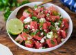 watermelon salad, salad with watermelon, watermelon salad side dish, side dish with watermelon, tequila lime vinaigrette, tequila lime dressing, tequila lime salad dressing, summer side dish, summer sides, cookout sides for summer, easy side dish recipe for summer