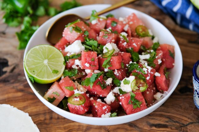 Watermelon Salad with Tequila Lime Dressing watermelon salad, salad with watermelon, watermelon salad side dish, side dish with watermelon, tequila lime vinaigrette, tequila lime dressing, tequila lime salad dressing, summer side dish, summer sides, cookout sides for summer, easy side dish recipe for summer