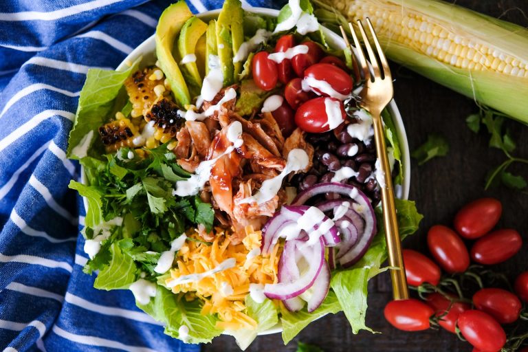 chicken salad, barbecue chicken salad, chicken salad with bbq, summer salad, bbq chicken Cobb salad, greek yogurt ranch dressing,