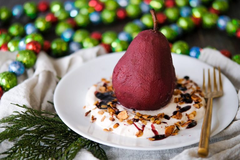 poached pears, red wine poached pears, easy red wine poached pears, holiday desserts, easy holiday dessert, gourmet holiday dessert, christmas desserts, dessert for christmas,