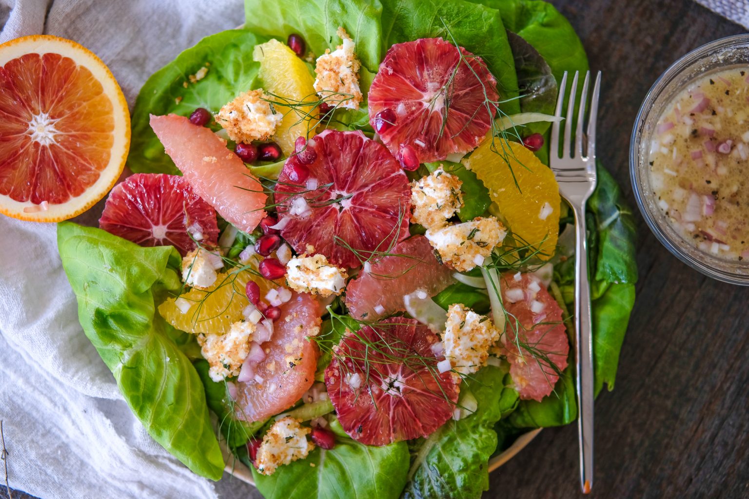 Winter Citrus Salad citrus salad, easy salad with citrus, easy salad recipe, flavorful salad recipes, flavorful salads for new year, blood orange salad recipe, blood orange recipes, grapefruit salad, salad with grapefruit, new years resolution recipes, shallot vinaigrette, champagne vinaigrette,