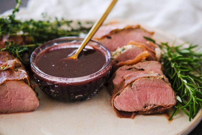 prosciutto wrapped pork tenderloin, pork tenderloin recipes, easy pork tenderloin recipe, sous vide pork tenderloin recipe, sous vide pork tenderloin recipes, how to sous vide pork, how to cook pork tenderloin, blackberry sauce recipe, blackberry demi glace sauce, homemade demi glace, homemade blackberry sauce