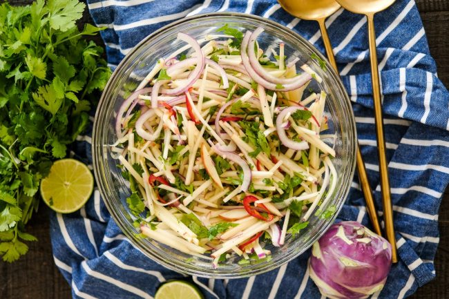 Kohlrabi and Apple Slaw kohlrabi, kohlrabi recipes, easy kohlrabi recipes, kohlrabi side dish recipes, side dish recipes using kohlrabi, kohlrabi slaw recipe, spicy slaw, slaw recipe without mayonnaise, no mayo slaw, side dish recipes, vegan side dish recipes, easy vegan side dish recipes, summer side dish recipes