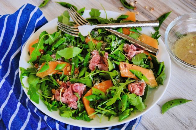 Melon and prosciutto Salad salad recipes, easy salad recipe, melon and prosciutto salad recipe, quick salad recipe, easy salad recipes, salad recipes with prosciutto, salad recipes with melon, salad recipe with hazelnut, lemon shallot vinaigrette, sugar snap pea recipe, recipes using sugar snap peas, sugar snaps recipe